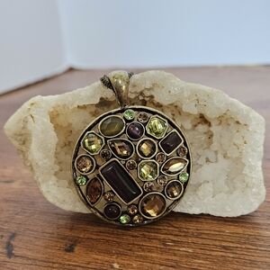 Lia Sophia Antiqued Gold-tone Pendant W/ Purple, Green, And Gold Stones Necklace